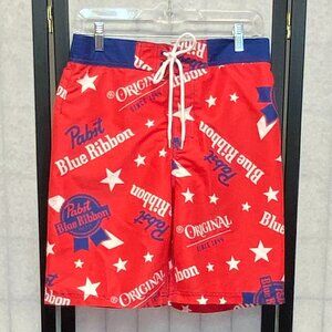 Pabst Blue Ribbon Beer Men's Swim Trunks Board Shorts 20" Red Blue White NWT